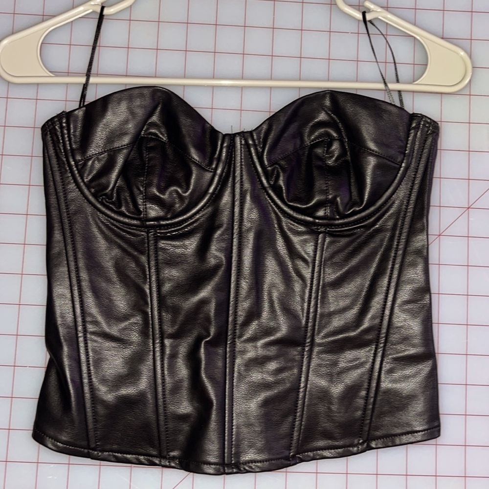 Dolls Kill sexy, leather, corset, sleeveless, black top. Size Small.